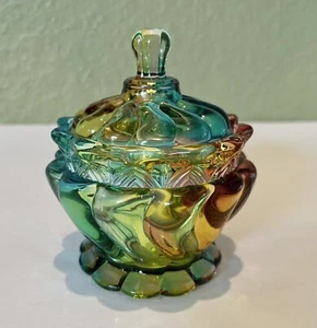 Regenbogenfarben Glas Schmuck Schale mit Deckel Rund Blau Rosa Gelb 4" Hoch - Bild 1 von 6
