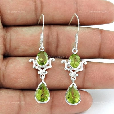 Natural Peridot Unique Dangling Hook Christmas Earrings Jewelry 925 Solid Silver - Image 1 of 4
