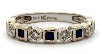 Designer 14k White Gold Round Diamonds Square Sapphires Semi Eternity Band Ring - Image 1 of 4
