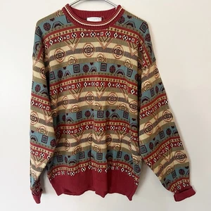 Vintage 90s Tricot St Raphael Eclectic Grandpa Sweater Geometric Knit Men Large - Picture 1 of 13