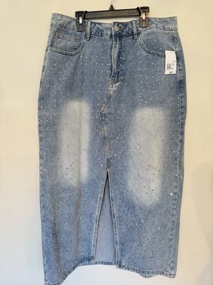 Maxi Falda Denim Forever 21 Frontal Abertura Estrás Adornada Talla EX Nueva Foto 1 de 4