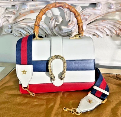 GUCCI Dionysus Blanco Azul Rojo Mediano Bambú Mango Superior Correa de Guitarra Bolso de Cuero Foto 1 de 4
