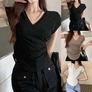 Fashionable Women's Solid V Neck Short Sleeve TShirts for Summer Outfits - Picture 1 of 36
