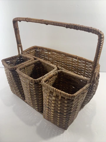 Vintage Hand Woven Bamboo Flatware Utensil Caddy Basket~Farmhouse~Boho Cover