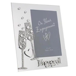 Glass Photo Frame with Gem Champagne Flutes & Mirror Letters - Engaged - Picture 1 of 2