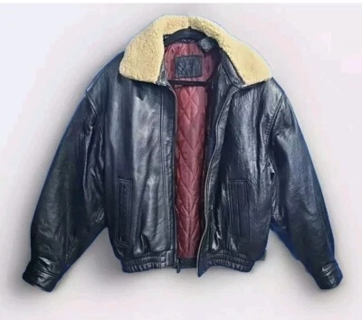 Chaqueta de vuelo de bombardero de cuero negra Hunt Club de colección para hombre cuello de lana grueso ¡limpio! Foto 1 de 4