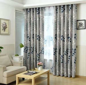 Thermal Blackout Curtains Leaf Pattern Eyelet Ring Top Living Room (Grey/Blue)