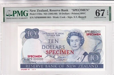 New Zealand, 10 Dollars, 1985/1989, UNC, p172bs, SPECIMEN - Image 1 of 2