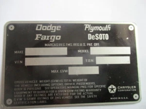 Typenschild Dodge Fargo Plymouth de Soto id-plate Schild US Oldtimer s55 s66 s82 - Bild 1 von 1
