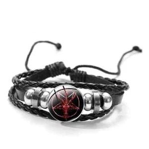 Bracelet PENTACLE (Tête de chèvre) - Cuir PU tressé + médaillon verre bombé-NEUF - Imagen 1 de 1