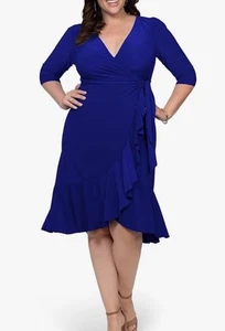 Nuevo con etiquetas Vestido midi envolvente Kiyonna azul cobalto, con medias mangas, talla 0X - Imagen 1 de 11