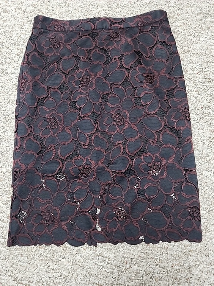 Falda Lápiz Trina Turk Negra Borgoña Floral Crochet Encaje Superposición 8 Foto 1 de 4