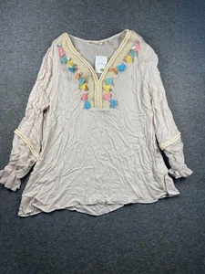 BUTTON LOST-AND-FOUND Boho Tassel Tunic Top Women’s M Beige Festival Embroidered - Picture 1 of 13