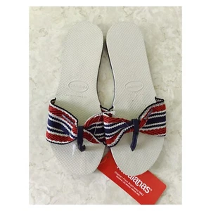 NWT Havaianas Sz 9/10 Red White Blue Stripe Alpargatas Thong Sandals 2019 Brazil - Picture 1 of 9