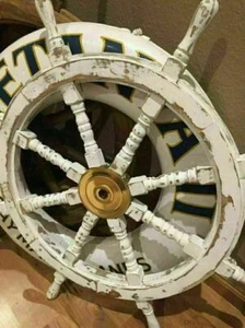 Volante de barco grande pirata náutico de latón antiguo de 36" estilo decorativo de madera - Imagen 1 de 4