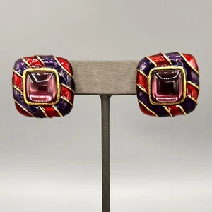Jay Strongwater Red Purple Lucite Cab & Enamel Gold Tone Square Clip Earrings - Picture 1 of 9