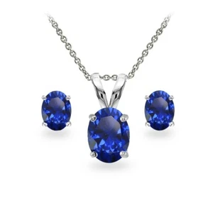 925 Silver Created Blue Sapphire Oval Solitaire Necklace and Stud Earrings Set - Picture 1 of 3