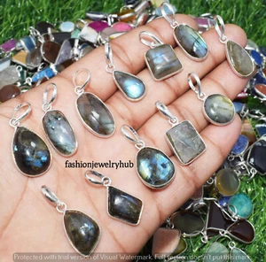Labradorite Gemstone Small Pendant 5pcs Wholesale Lot 925 Silver Plated Jewelry - Picture 1 of 5