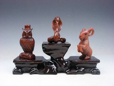 3 Japanese Boxwood Hand Carved *Owl Snake Goat* Netsuke w/ Wooden Stand
