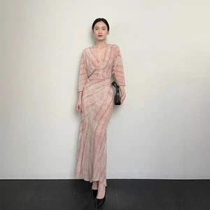 Womens 3/4 Sleeve 100% Real Silk Pattern Long Wrap Dress V Neck Maxi Summer Slim - Picture 1 of 17