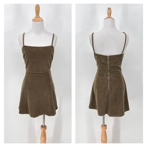 REFORMATION Micah Corduroy Mini Dress Womens 4 Olive Brown A-line Skater Strappy - Picture 1 of 15