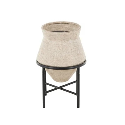 Litton Lane 20 in. Beige Round Wide Decorative Vase with Black Metal Stand - Image 1 of 4