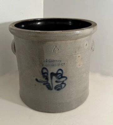 Vasija de gres rara del siglo XIX estampada B J Curran Waterbury CT 4 galones azul cobalto Foto 1 de 4