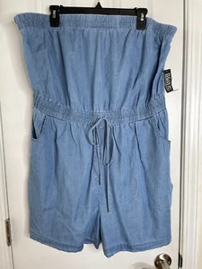 New York & Co Damen Chambray Strampler Größe XL Blau Trägerlos Taschen Neu mit Etikett - Bild 1 von 13
