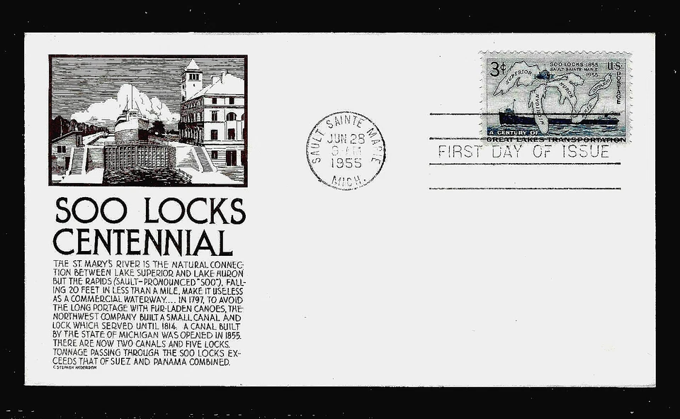 1069 3c Stamp (1955) THE SOO LOCKS FDC BY C. STEPHEN ANDERSON (BROWN CACHET) - Image 1 of 1