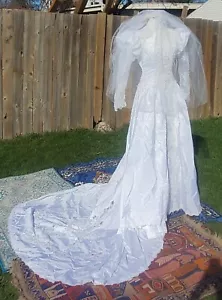 90s Amp Bridal Wedding Dress W/Long Convertible Train Juliet Lace Sleeves Sz 10 - Picture 1 of 22