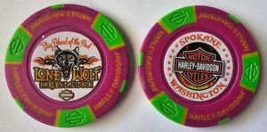 LONE WOLF HARLEY-DAVIDSON Spokane WA Full Color Purple/Green Poker Chip - Bild 1 von 3