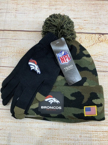 Denver Broncos NFL Team Apparel US Flag Patch Beanie & Glove Set NEW Cover