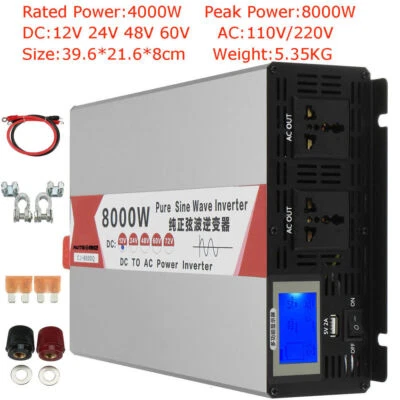 ✅5000W 8000W Max 12V 24V 48V auf 220V 240V Reiner Sinus Wechselrichter LCD USB - Bild 1 von 4