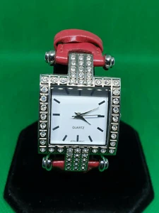 ladies Avon silver tone crystal set watch,white face,red strap.#144. - Picture 1 of 8