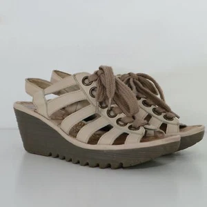 Fly London Platform Sandals Yito Womens 8.5 39 Leather Wedge Lace-Up Ivory Cream - Picture 1 of 12