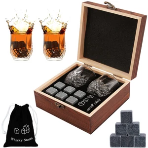 Reusable Whiskey Glass and Stones Gift Set 6pcs Ice Stone Cooling 2pcs>< - Picture 1 of 7