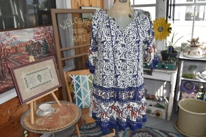 Rhapsody Top Womens Size Med Blue Asian Elephant Slit Sleeve Boho Peasant Exotic - Picture 1 of 7