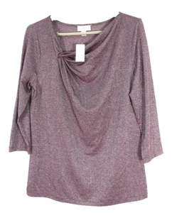 NWT LOFT Women Thin Stretch Poly Metallic Blouse Shimmer Asymmetrical Neckline L - Picture 1 of 14