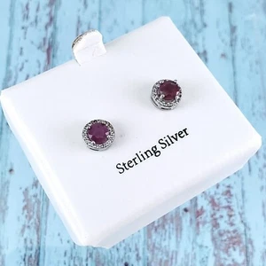 Beautiful Sterling Silver Genuine Ruby & White Topaz Earrings - Picture 1 of 9