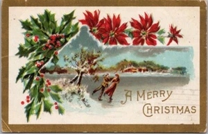 Postal de felicitación de Feliz Navidad 1910 escena de patinaje sobre hielo Poinsettias y acebo - Imagen 1 de 2