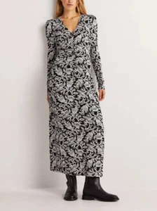 BODEN Ruched Jersey Midi Dress size 12 petite Black Ivory Tulip Vine do430 b35a - Picture 1 of 7