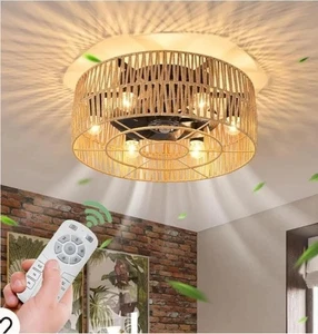 50cm Farmhouse Ceiling Fan Light Boho Rattan Flush Mount 6 Lights Kitchen - Picture 1 of 5