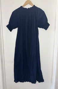Quince Women’s Navy Blue Cotton Swiss Dot Fabric Smocked Detail Dress Small Boho - Picture 1 of 4