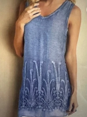 Soft Surroundings  Silk Romance Tunic Top Blue Gauzy Embroidered - Lined inside - Image 1 of 4