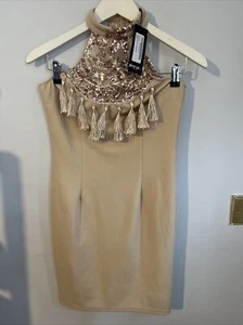 Nasty Gal Tassel Front Mini Dress Rose Gold Size 8 New Halter neck Sequin - Picture 1 of 2