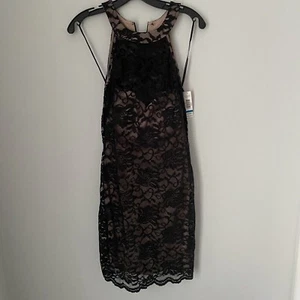 Morgan & Co. Junior’s Lace Boat Neck Lined Black Mini Bodycon Dress size 9/10 - Picture 1 of 5