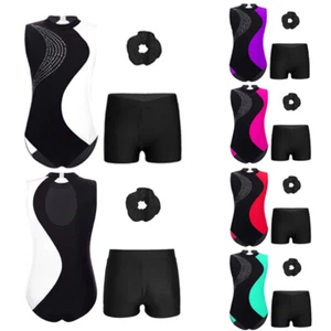 Kids Girls Suit Patchwork Set Hair Tie Outfit Contrast Color Sportswear Yoga - Picture 1 of 40