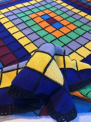 "Manta afgana de ganchillo tunecino hecha a mano bloque de color reina 82"" X 76""" Foto 1 de 4