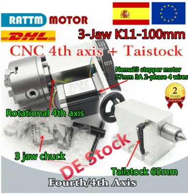 「ES」K11 100mm 3jaw Rotary A Axis CNC Chuck Dividing head 4th Axis+65mm Tailstock - Immagine 1 di 4