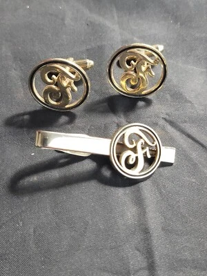 Vintage "F" Monogram Initial Cufflinks Tie Bar Clip Set F - Image 1 of 4